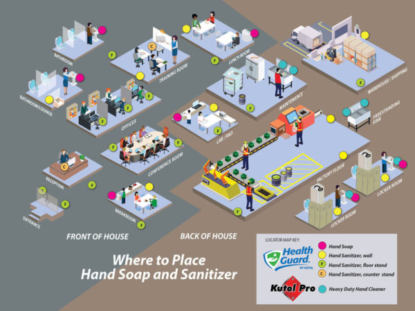 Guide to help determine where to place heavy duty hand cleaners, soaps and sanitizers in industrial and manufacturing facilities.