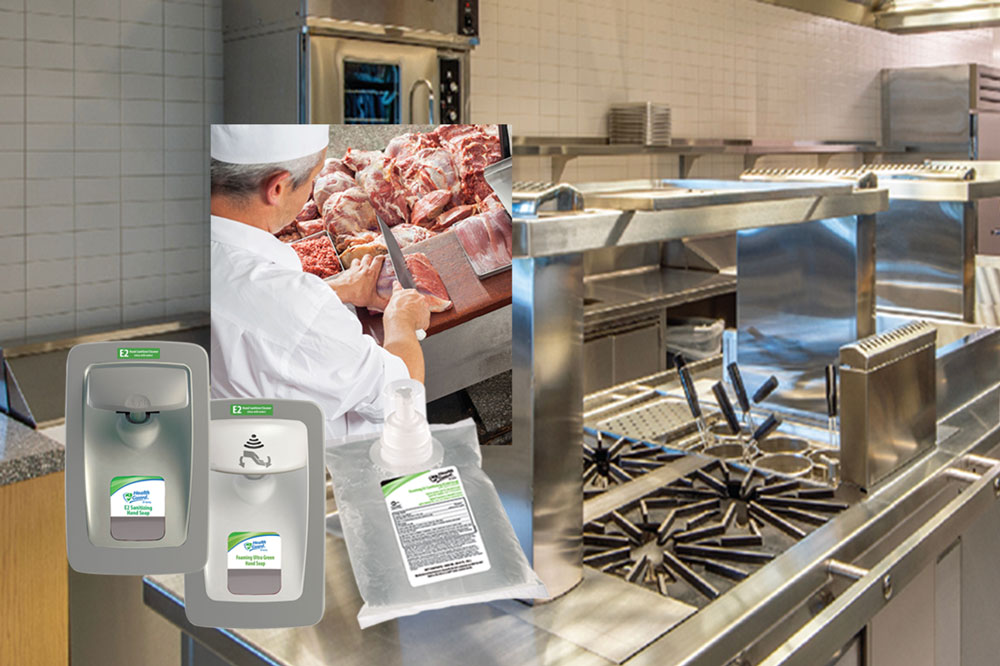 Chef working with raw meat and a kutol soap dispenser available